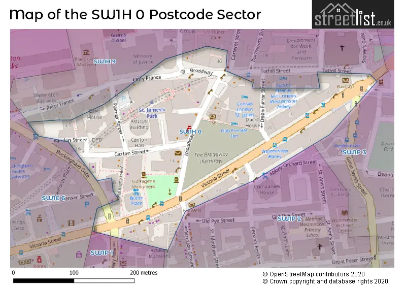 Map of the SW1H 0 and surrounding postcode sector