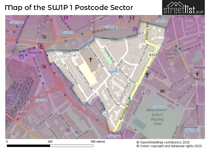 Map of the SW1P 1 and surrounding postcode sector