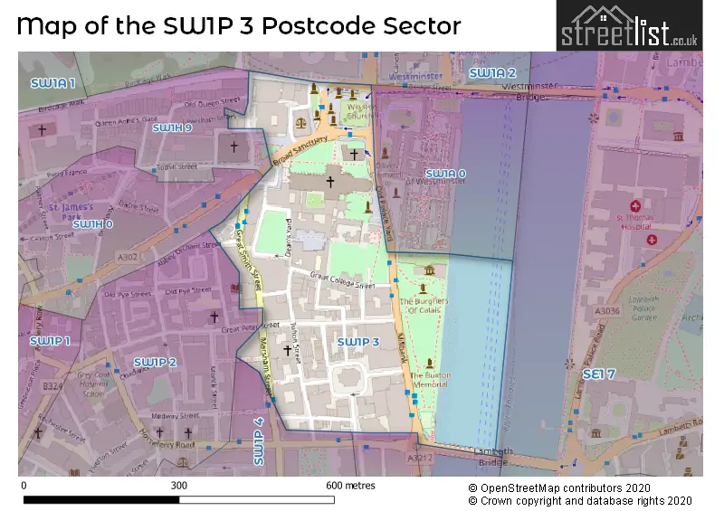 Map of the SW1P 3 and surrounding postcode sector
