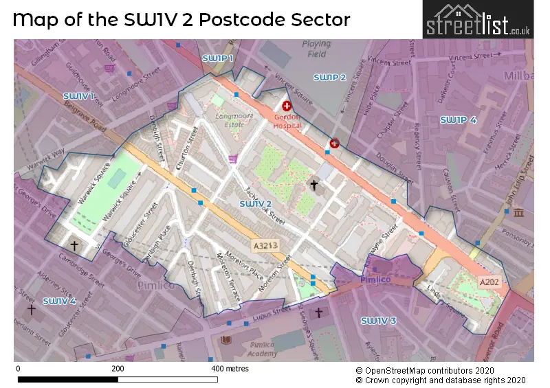 Map of the SW1V 2 and surrounding postcode sector