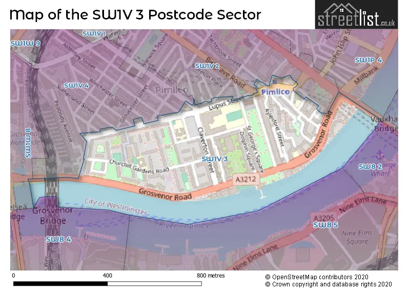 Map of the SW1V 3 and surrounding postcode sector