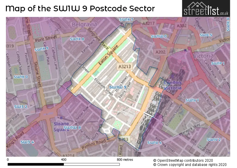 Map of the SW1W 9 and surrounding postcode sector