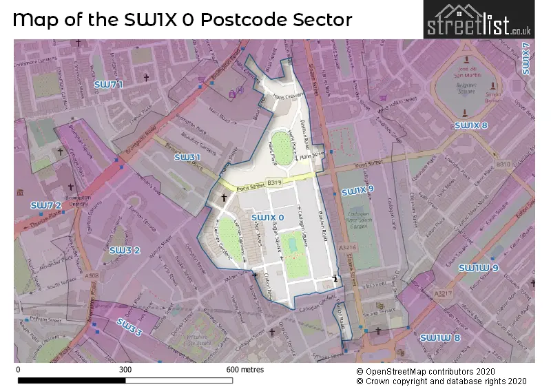 Map of the SW1X 0 and surrounding postcode sector