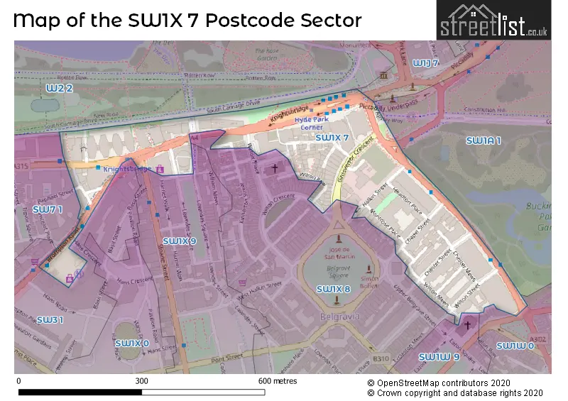 Map of the SW1X 7 and surrounding postcode sector