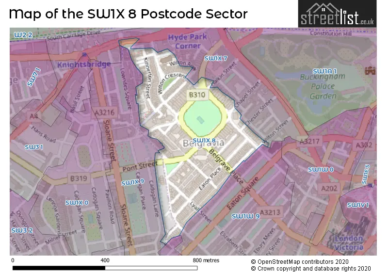 Map of the SW1X 8 and surrounding postcode sector