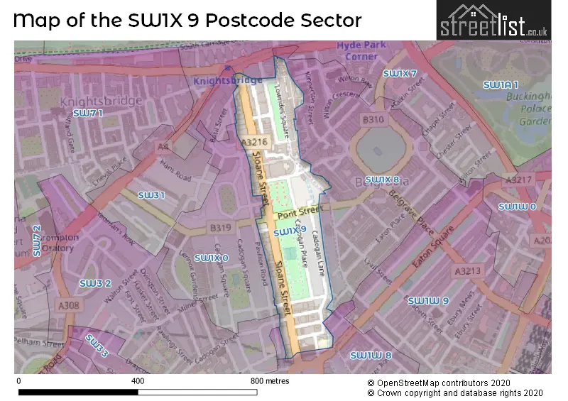 Map of the SW1X 9 and surrounding postcode sector