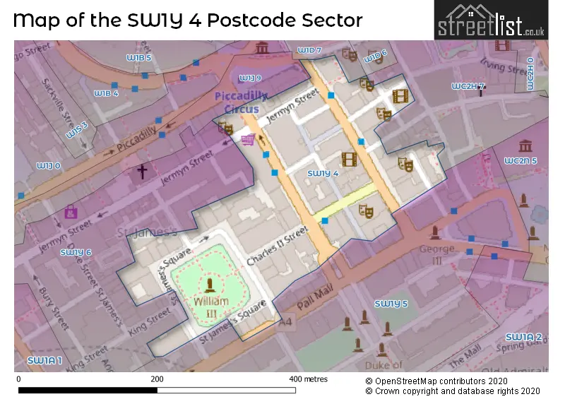 Map of the SW1Y 4 and surrounding postcode sector