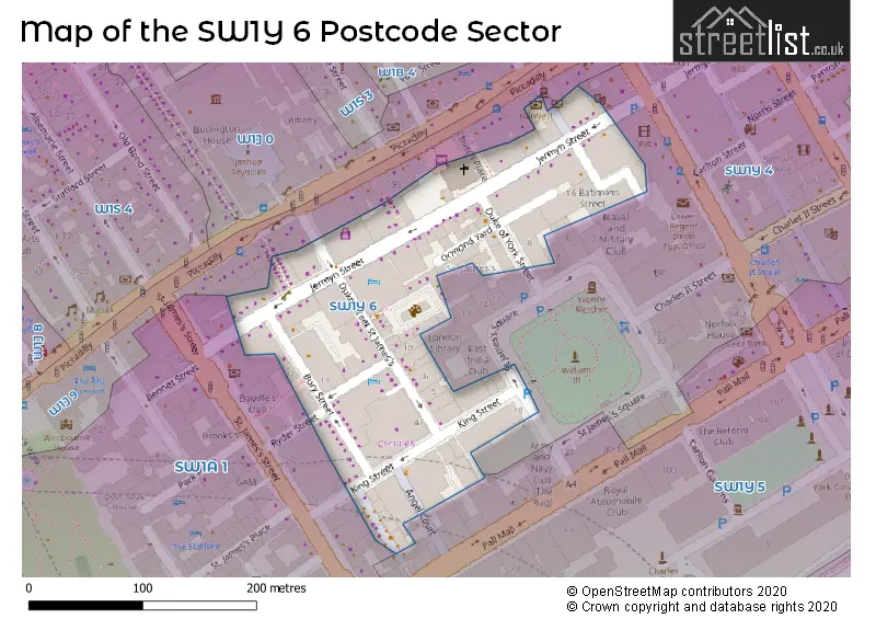 Map of the SW1Y 6 and surrounding postcode sector