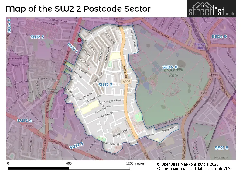 Map of the SW2 2 and surrounding postcode sector