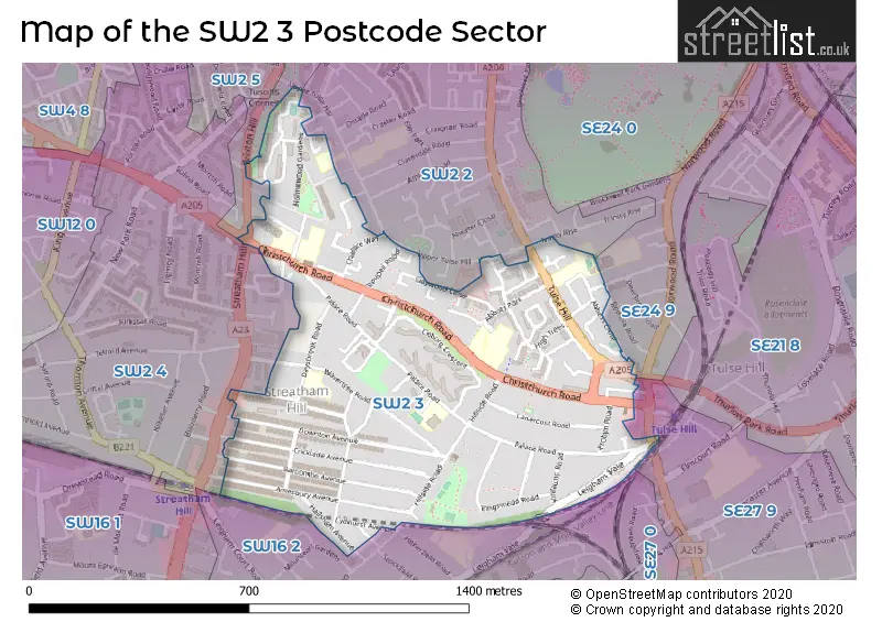 Map of the SW2 3 and surrounding postcode sector