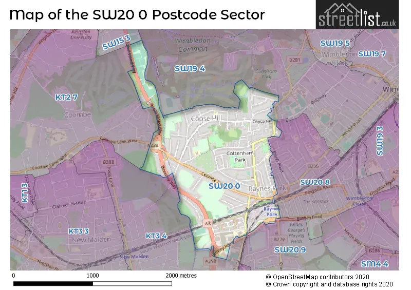 Map of the SW20 0 and surrounding postcode sector