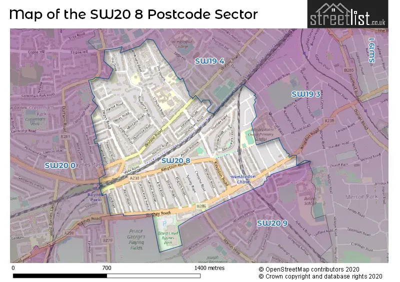 Map of the SW20 8 and surrounding postcode sector