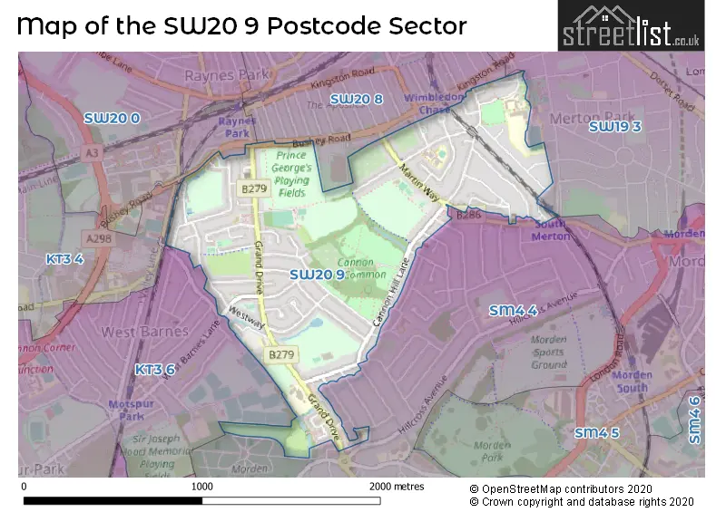 Map of the SW20 9 and surrounding postcode sector