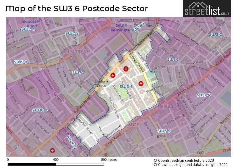 Map of the SW3 6 and surrounding postcode sector