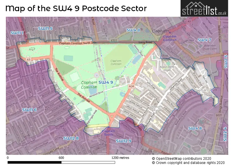 Map of the SW4 9 and surrounding postcode sector