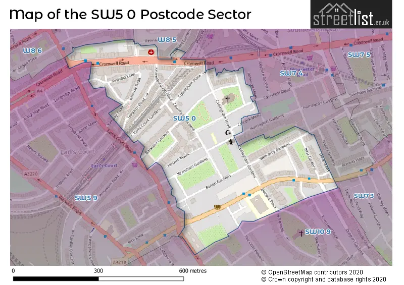 Map of the SW5 0 and surrounding postcode sector