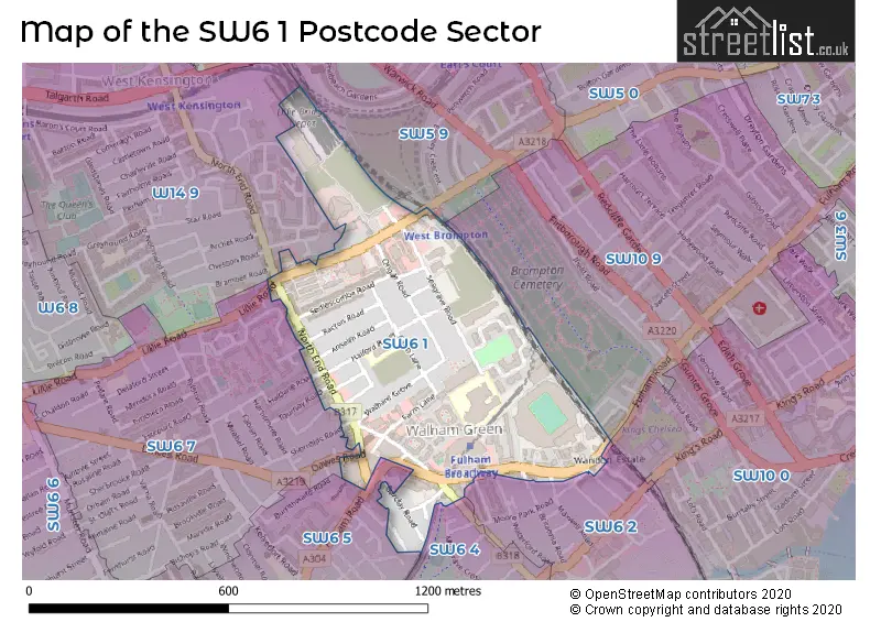 Map of the SW6 1 and surrounding postcode sector