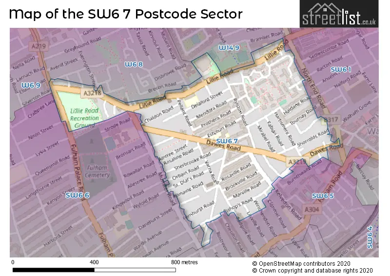 Map of the SW6 7 and surrounding postcode sector