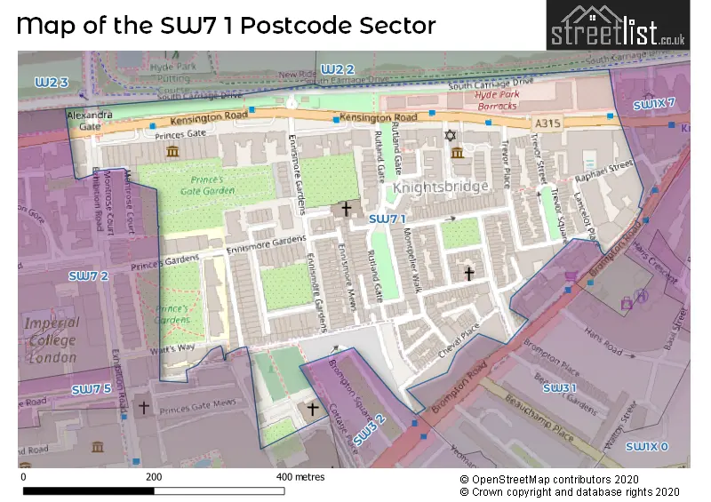 Map of the SW7 1 and surrounding postcode sector