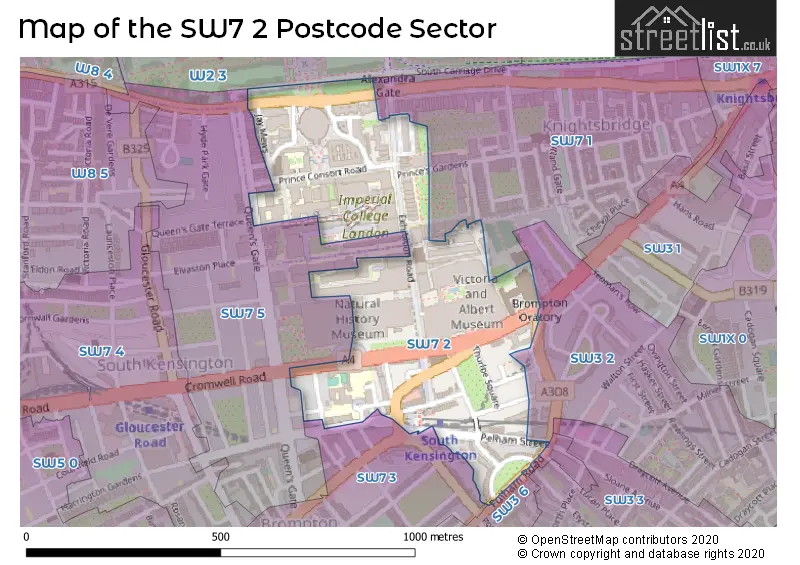 Map of the SW7 2 and surrounding postcode sector