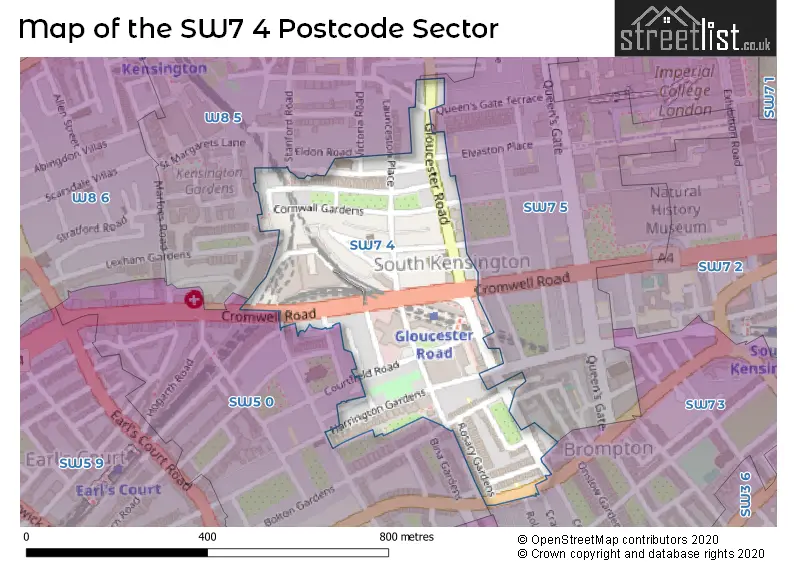 Map of the SW7 4 and surrounding postcode sector