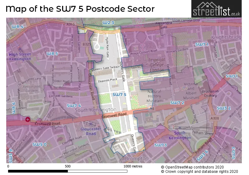 Map of the SW7 5 and surrounding postcode sector