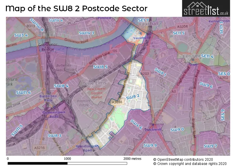 Map of the SW8 2 and surrounding postcode sector