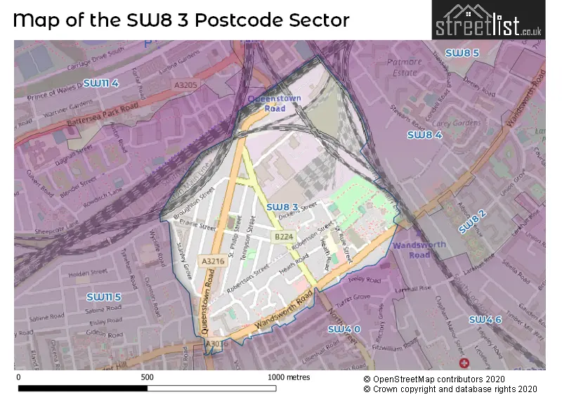 Map of the SW8 3 and surrounding postcode sector
