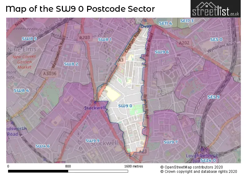 Map of the SW9 0 and surrounding postcode sector