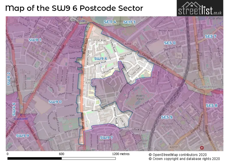 Map of the SW9 6 and surrounding postcode sector