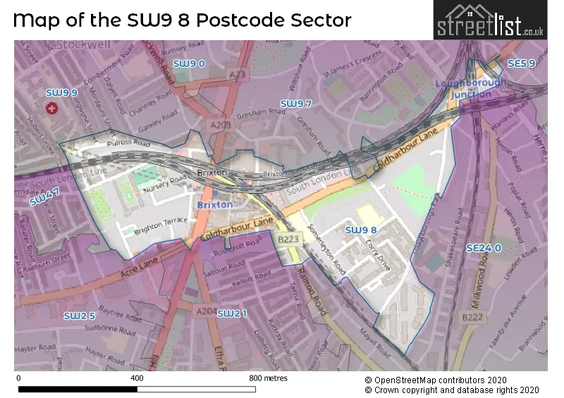 Map of the SW9 8 and surrounding postcode sector