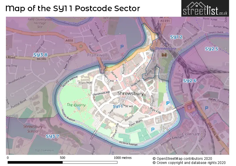 Map of the SY1 1 and surrounding postcode sector