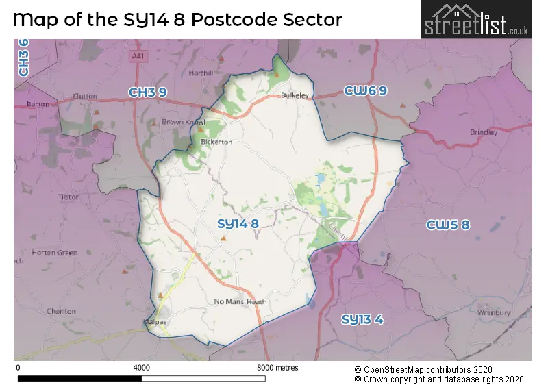 Map of the SY14 8 and surrounding postcode sector