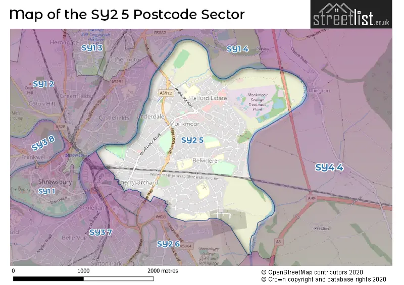 Map of the SY2 5 and surrounding postcode sector