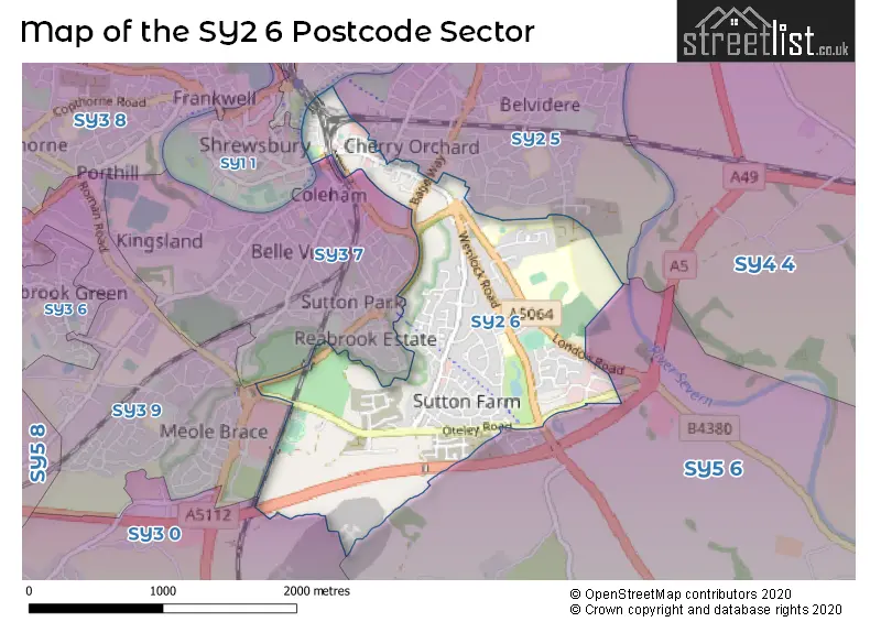Map of the SY2 6 and surrounding postcode sector