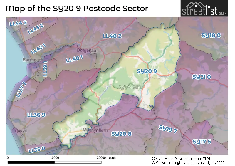 Map of the SY20 9 and surrounding postcode sector