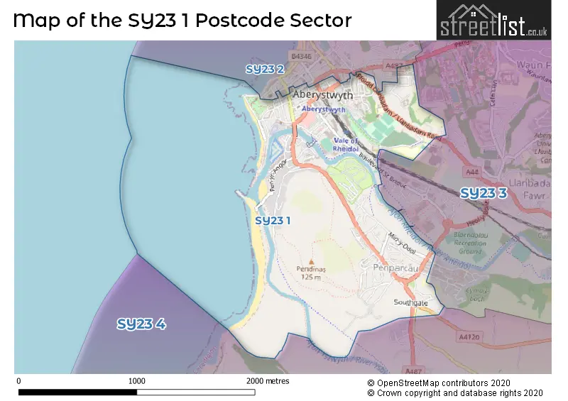 Map of the SY23 1 and surrounding postcode sector