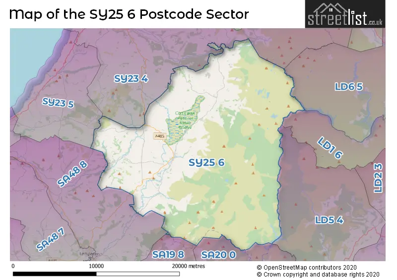 Map of the SY25 6 and surrounding postcode sector