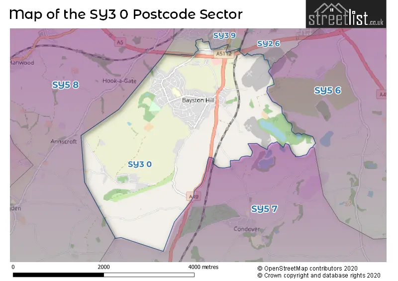 Map of the SY3 0 and surrounding postcode sector