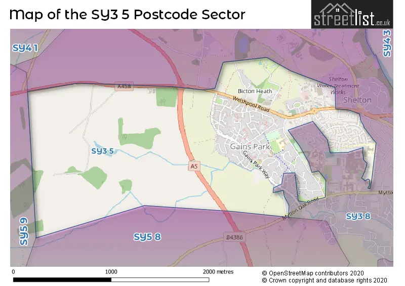Map of the SY3 5 and surrounding postcode sector