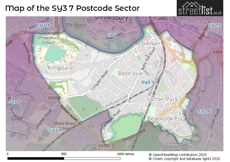 Map of the SY3 7 and surrounding postcode sector