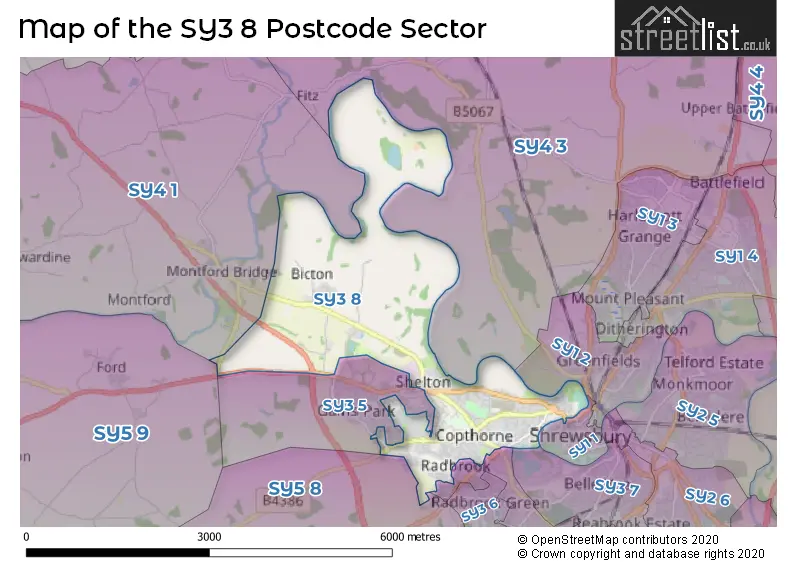 Map of the SY3 8 and surrounding postcode sector