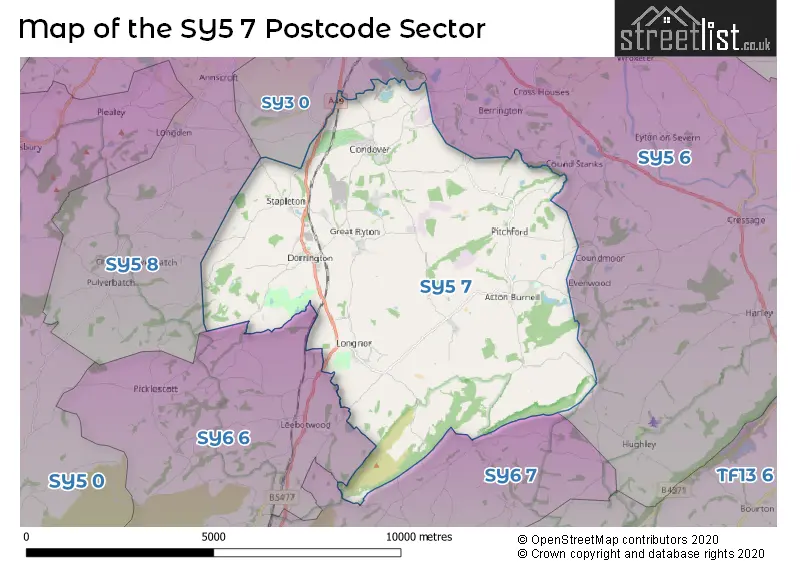 Map of the SY5 7 and surrounding postcode sector