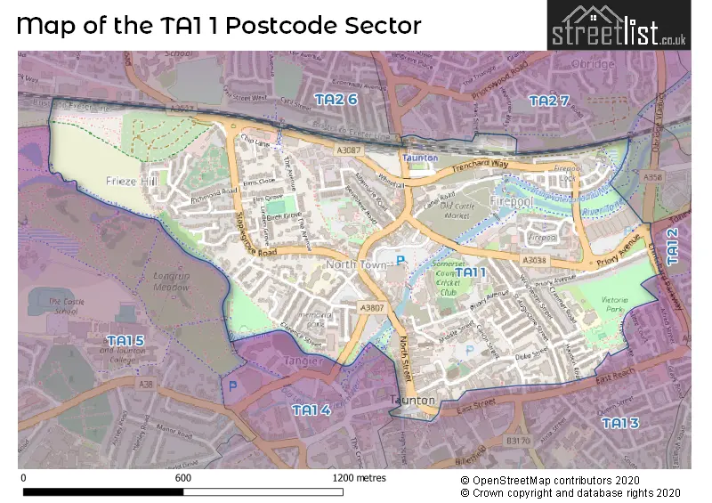 Map of the TA1 1 and surrounding postcode sector