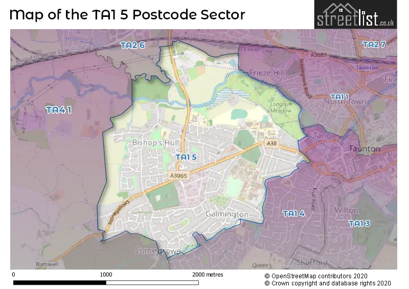 Map of the TA1 5 and surrounding postcode sector