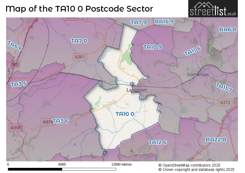 Map of the TA10 0 and surrounding postcode sector