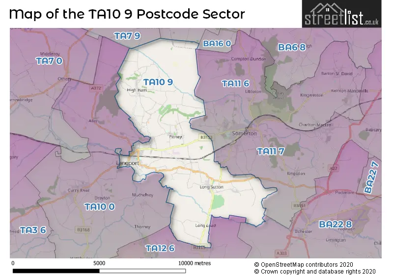 Map of the TA10 9 and surrounding postcode sector