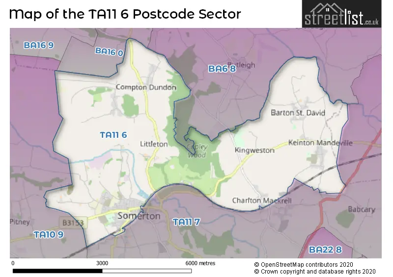 Map of the TA11 6 and surrounding postcode sector
