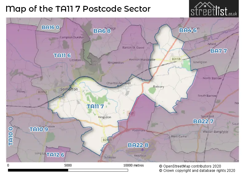 Map of the TA11 7 and surrounding postcode sector