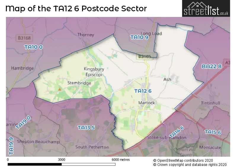 Map of the TA12 6 and surrounding postcode sector